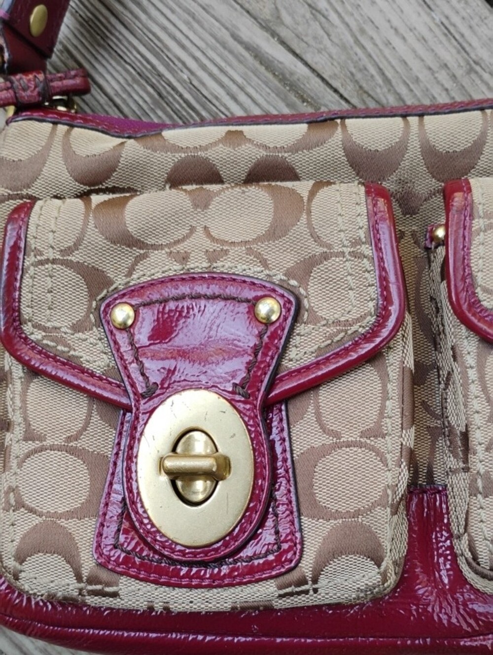 Coach Canvas Shoulder Bag with Dark Wine Red Patent Leather Trim - Picture 2 of 15